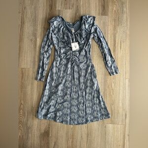 NWT Kate Quinn Women’s Long Sleeve Dress Ruffles Blue Cosmic Moon Bamboo XS